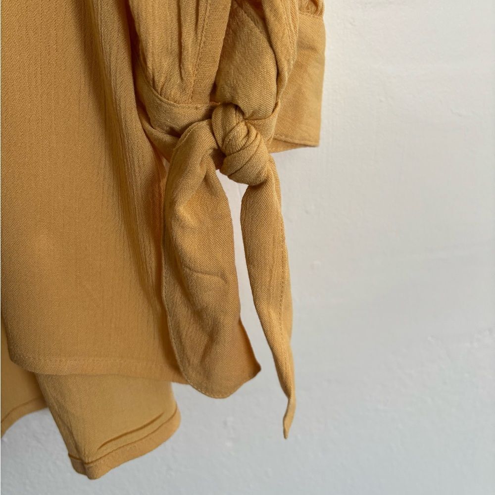 Boho Off Shoulder Tie Sleeve Mustard Yellow Top - Picture 8 of 9
